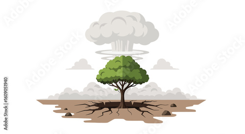 A lone green tree stands on cracked earth, with a mushroom cloud looming behind it, symbolizing environmental disaster.