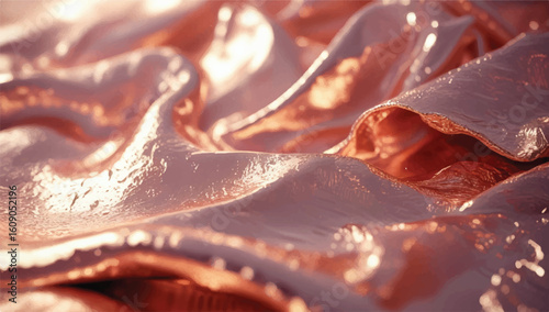 Luxurious abstract background of flowing rose gold fabric. Elegant, shiny silk or liquid metal texture with soft folds and glowing highlights.
