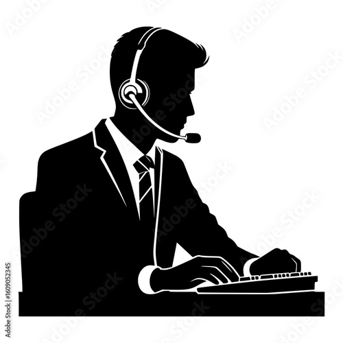 Silhouette of a businessman wearing a headset and typing on a keyboard