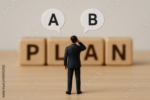 Decision-Making Moment: A figure in a suit ponders choices A or B. The scene highlights the critical moment of decision-making, with the concept of 'PLAN' subtly present in the background.