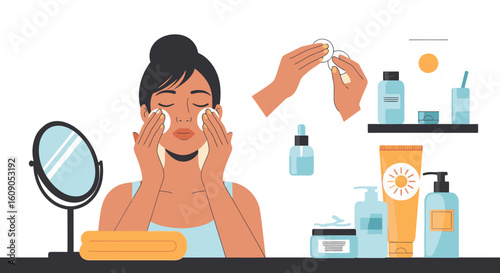 Woman enjoys a soothing skincare routine using creams and toners for a healthy complexion