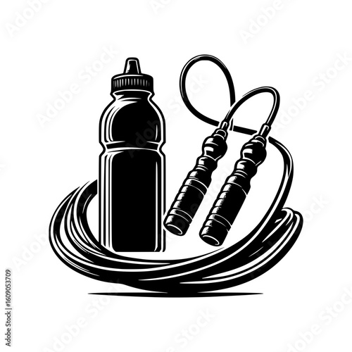 Fitness jump rope and water bottle isolated on white background