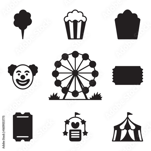 Vintage carnival funfair icons set for classic summer fairground excitement and sweet treats