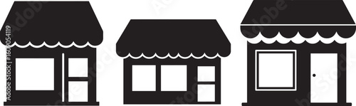 Three storefronts with awnings in a simple black silhouette