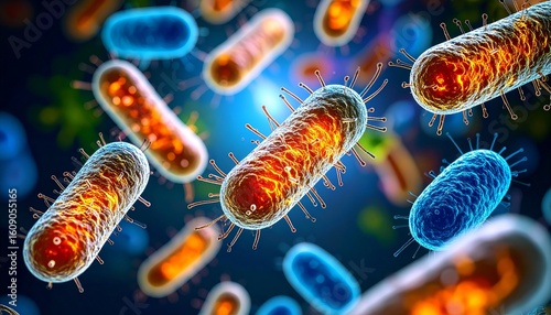 Microscopic close-up reveals vibrant bacteria swirling gracefully in liquid, glowing under light, showcasing the dynamic beauty and complexity of microbial life in a fluid ecosystem