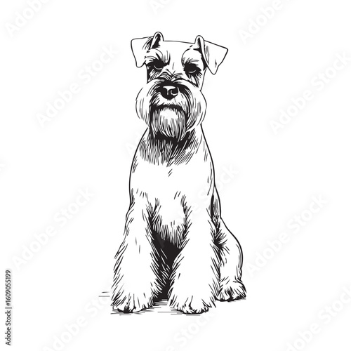 Black and white sketch of a sitting Schnauzer.