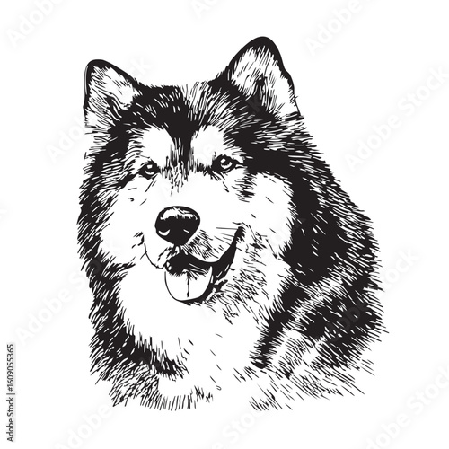 Black and white sketch of a panting husky's head.