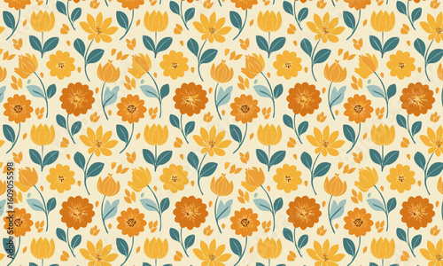 A cheerful and charming seamless pattern filled with a variety of stylized hand-drawn flowers