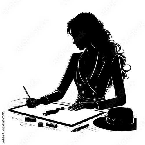 Silhouette of a woman artist drawing fashion designs with pencils and hat