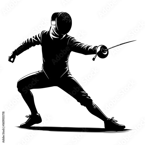 Fencer in silhouette lunging forward with sword