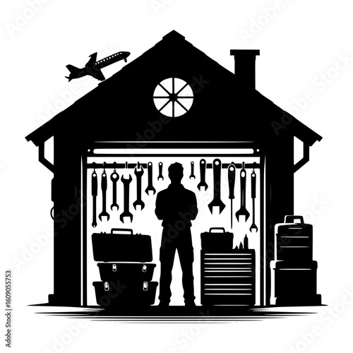 Mechanic standing in front of a fully equipped garage with tools and airplane silhouette