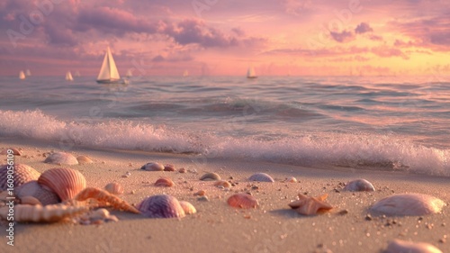 Serene beach sunset with starfish and sailboats. AI image