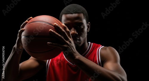 Focused Basketball Player Holding Ball in Dramatic Lighting Against Black Backdrop
