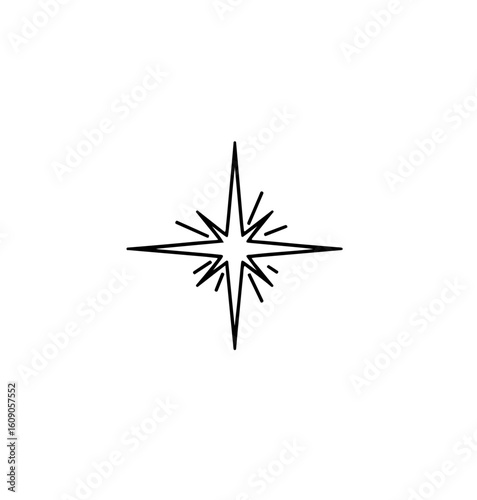 Simple line art of a small four-pointed spark with clean sharp edges, drawn in thin black lines on a plain white background. Minimalist and modern style