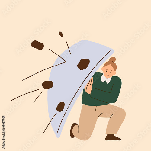 Person shielding themselves from falling debris in a minimal style  