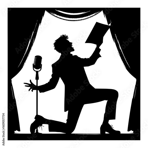 Silhouette of a dramatic performer on stage reading from a script