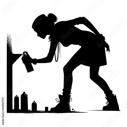 Young woman in silhouette spraying graffiti art on a wall