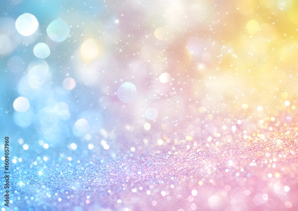 Fototapeta premium A shimmering pastel rainbow backdrop with soft hues and blurred edges, filled with a calming glow and gentle light. 