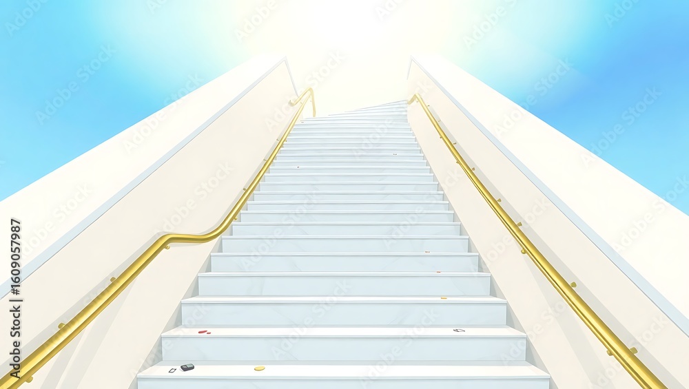 Fototapeta premium A stairway to heaven with white steps and gold railings under a bright blue sky illustration