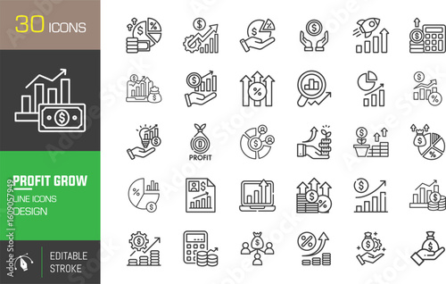 Profit Growth and Financial Gain Line Icons Set