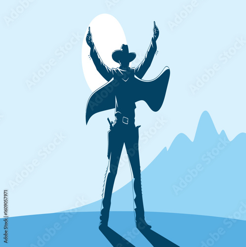 Silhouette of a cowboy with thumbs up standing against a backdrop of mountains and a full moon