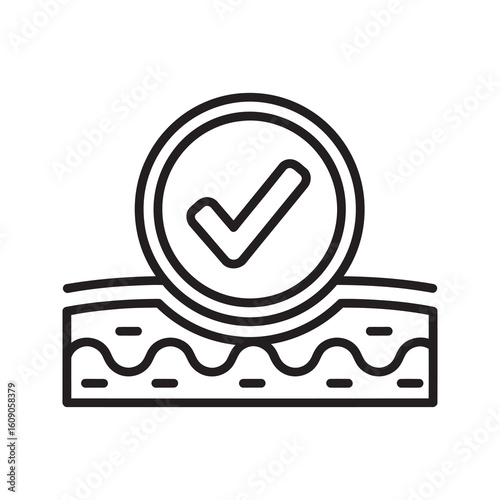Skin protection icon with checkmark for dermatology tested product and healthy skincare cosmetic representing approved and verified skin barrier
