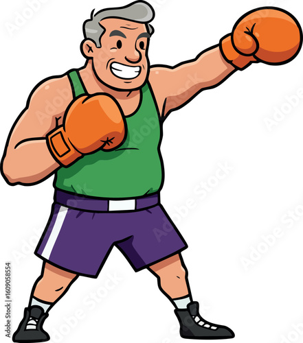 Senior male boxer training with punching gloves in green tank top and purple shorts vector illustration