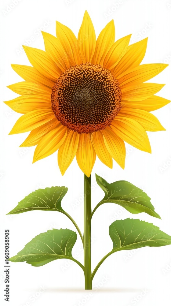 Naklejka premium Vibrant Yellow Sunflower with Green Leaves on White Background