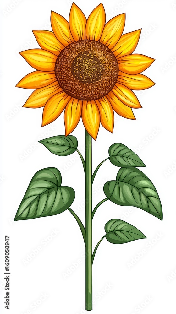 Naklejka premium Vibrant Yellow Sunflower with Green Leaves on White Background