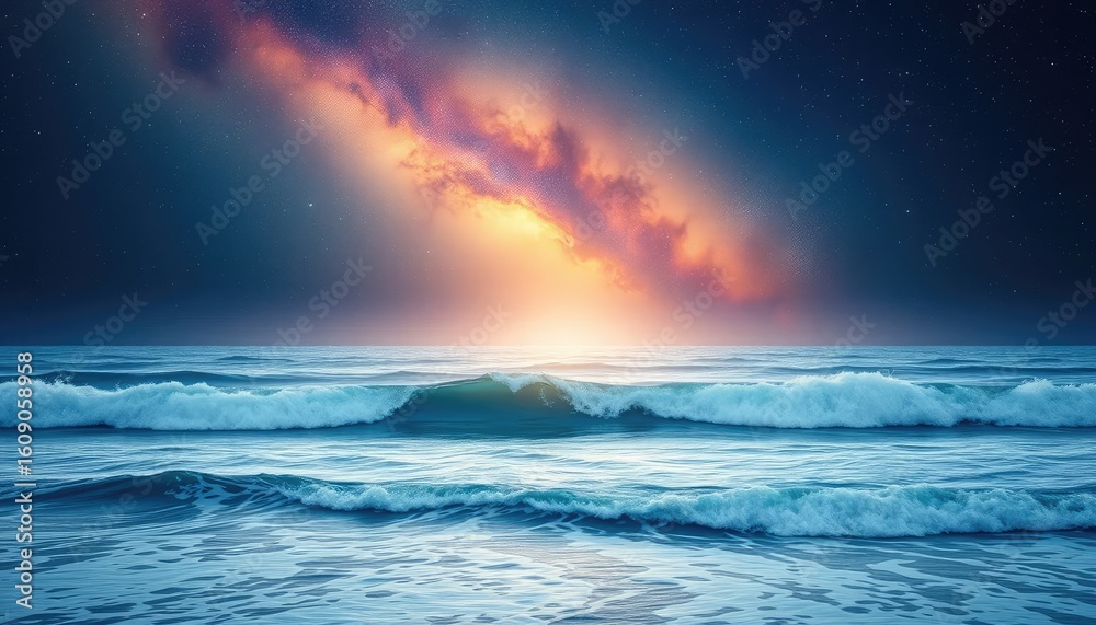 Obraz premium Glowing nebula above an ocean horizon, with waves gently crashing under the starlit sky 2