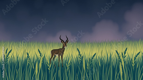A diminutive antelope standing in a sea of towering grass under an obsidian sky. Obsidian Forest. Illustration