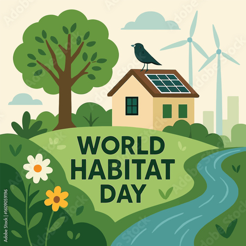 World Habitat Day, vector illustration, sustainable living, environmental conservation