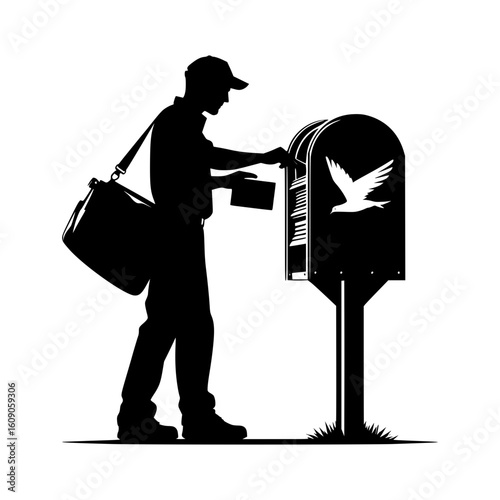 Silhouette of a postal worker delivering mail to a mailbox with a dove emblem