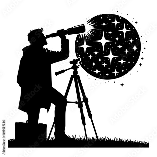 Silhouette of a man looking through a telescope at a starry night sky