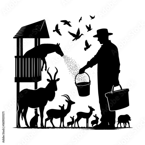 Farmer feeding various animals on a farm at sunset silhouette