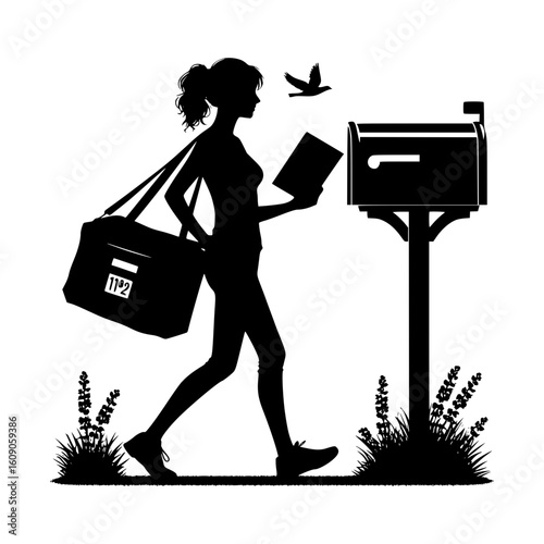 Silhouette of a postal worker delivering mail to a mailbox