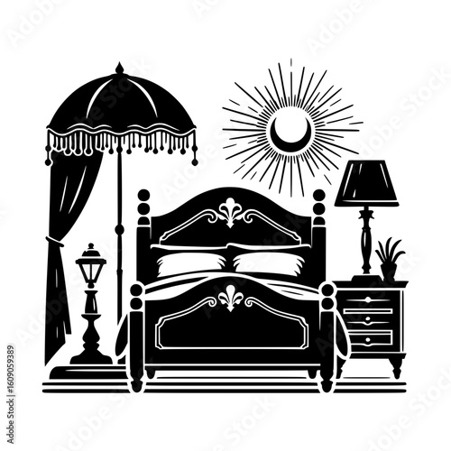 Ornate black and white bedroom scene with canopy bed and sun motif