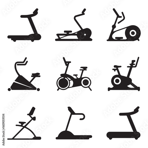 Gym equipment icons fitness bikes treadmills elliptical trainers healthy workout exercise vector set