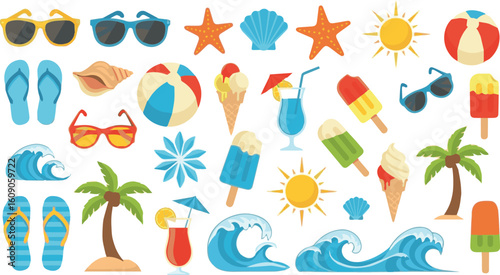 Isolated a kinds of deferent Summer. Flat Summer time, background patterns on the theme of summer, vacation, weekend, beach. vector art white background.