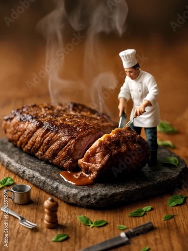 Creative Miniature Chef Carving Juicy Grilled Steak on Rustic Stone Plate with Steam Rising and Fresh Herbs on Wooden Table