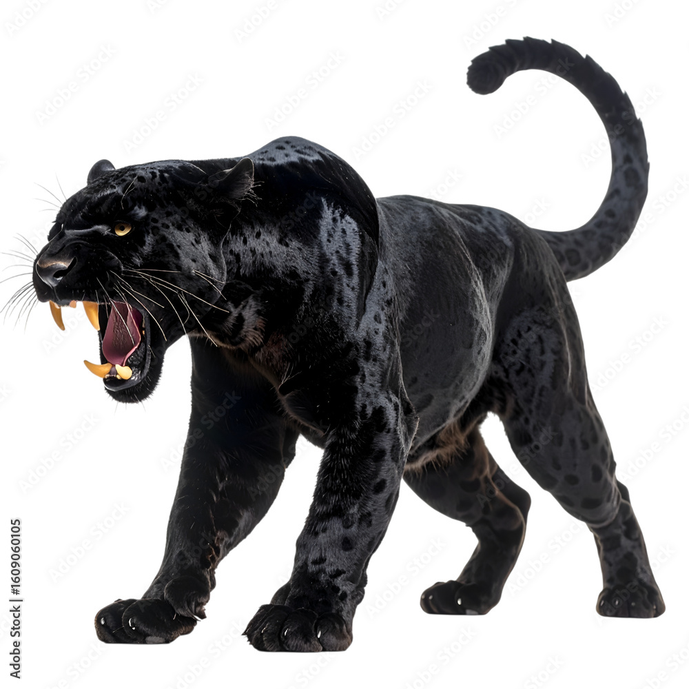 Obraz premium Powerful Panther's Roar: Witness the raw, untamed power of a black panther, its intense gaze and ferocious roar a testament to its predatory prowess.