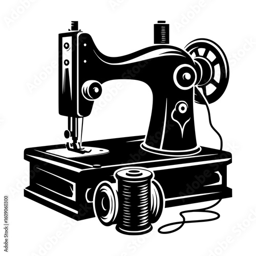 Vintage black sewing machine with spool of thread illustration
