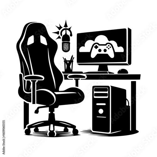 Black and white illustration of a modern gaming setup with chair computer and microphone