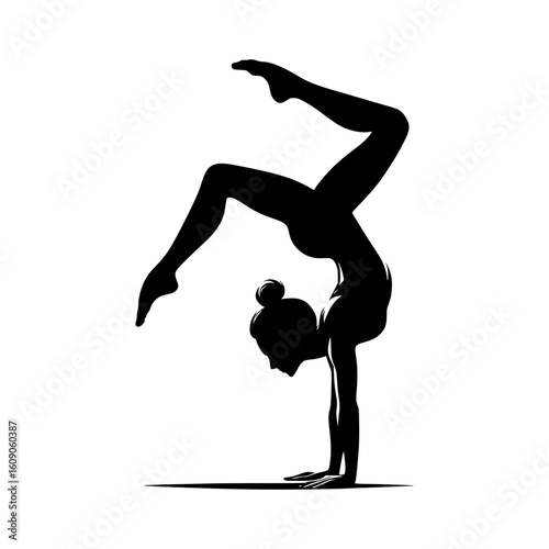 Silhouette of a female gymnast performing a complex handstand pose with legs extended