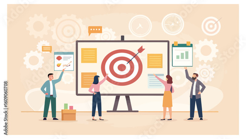 Team members discussing business goals and targets with large success chart

