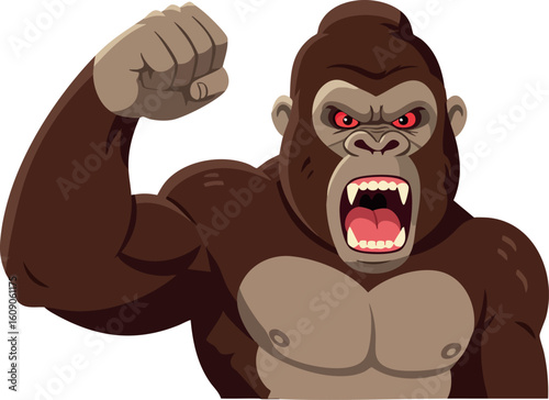 Angry muscular gorilla with raised fist showing strength and aggression in vector style illustration
