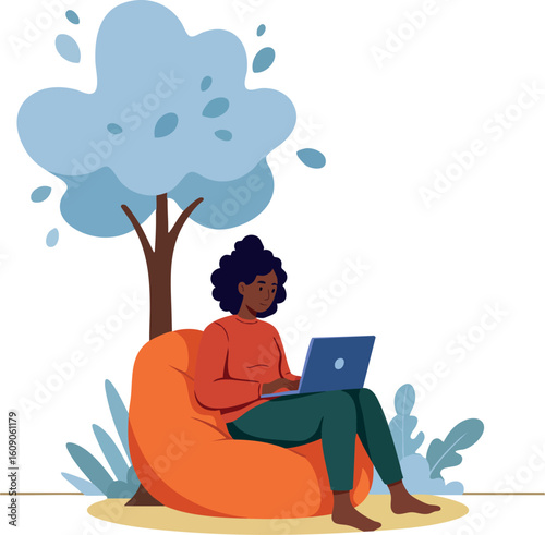 Woman working remotely on laptop sitting on orange bean bag under tree in outdoor setting vector illustration