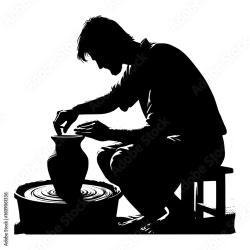 Silhouette of a potter shaping clay on a pottery wheel