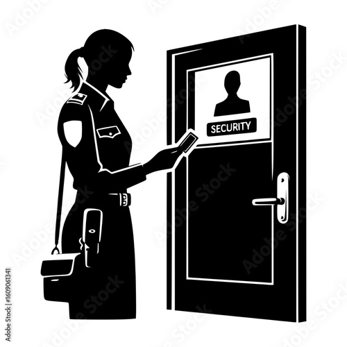 Female security guard checking identification at a secure entrance door