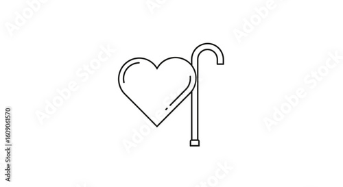 Heart and walking cane symbol in black and white line art